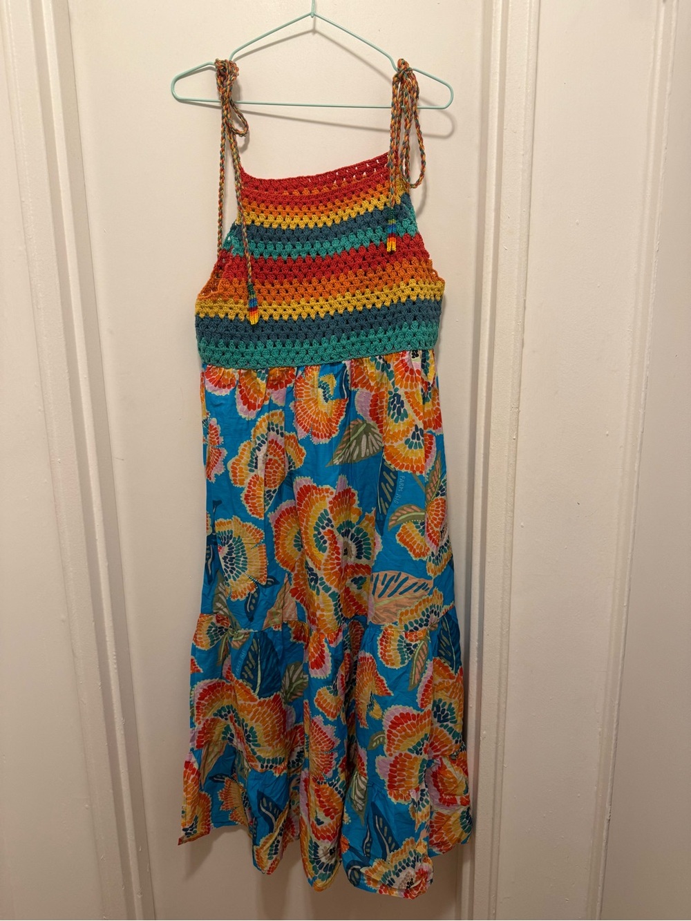 Crochet Top Tropical Maxi Dress in Teal, Yellow & Red